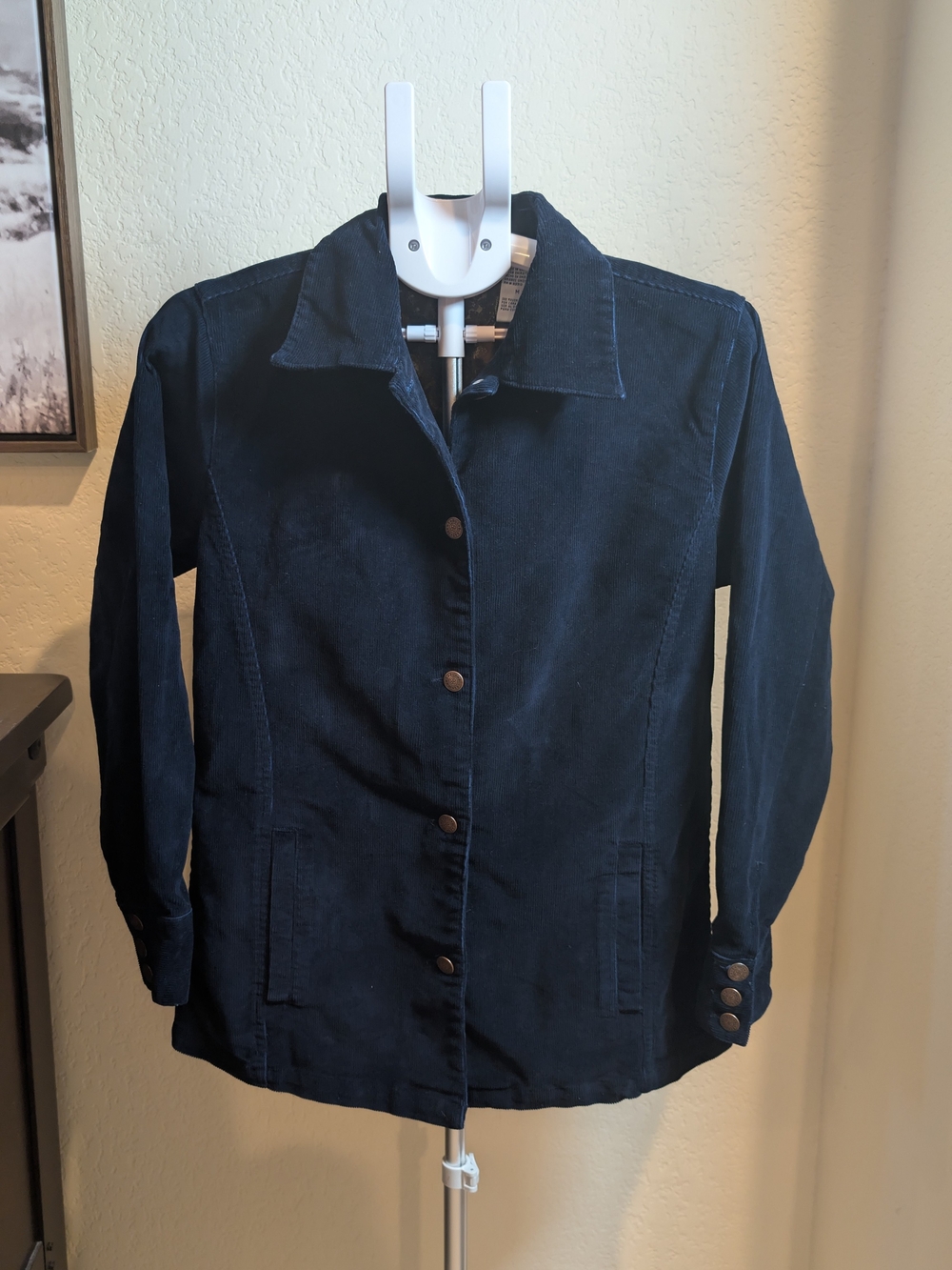 Women's Navy Button-Front Jacket Shirt Corduroy Vintage Bill Blass Jeans Stretch